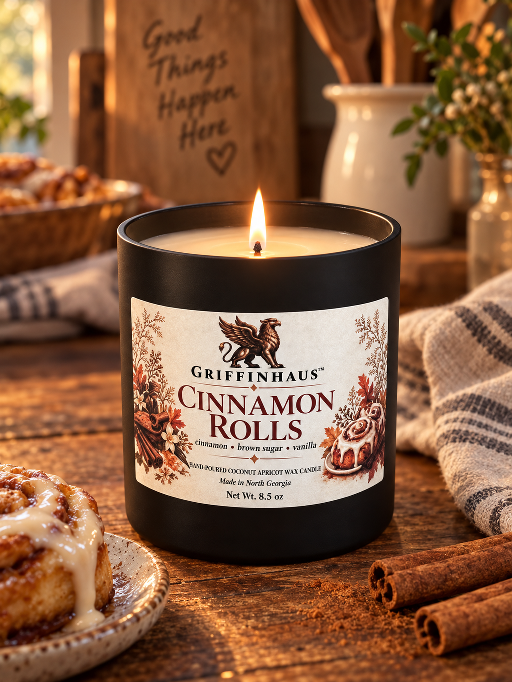 A lit black candle jar labeled Griffinhaus Cinnamon Rolls, placed on a rustic wooden table with cinnamon rolls, cinnamon sticks, and a cozy kitchen background.