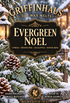 Front packaging of Griffin Haus Evergreen Noel soy wax melts, featuring a festive winter scene with snow-covered pine branches, pinecones, and warm string lights. The label reads 'Evergreen Noel' and lists scent notes including cyprus, frosted pine, eucalyptus, and winter moss.