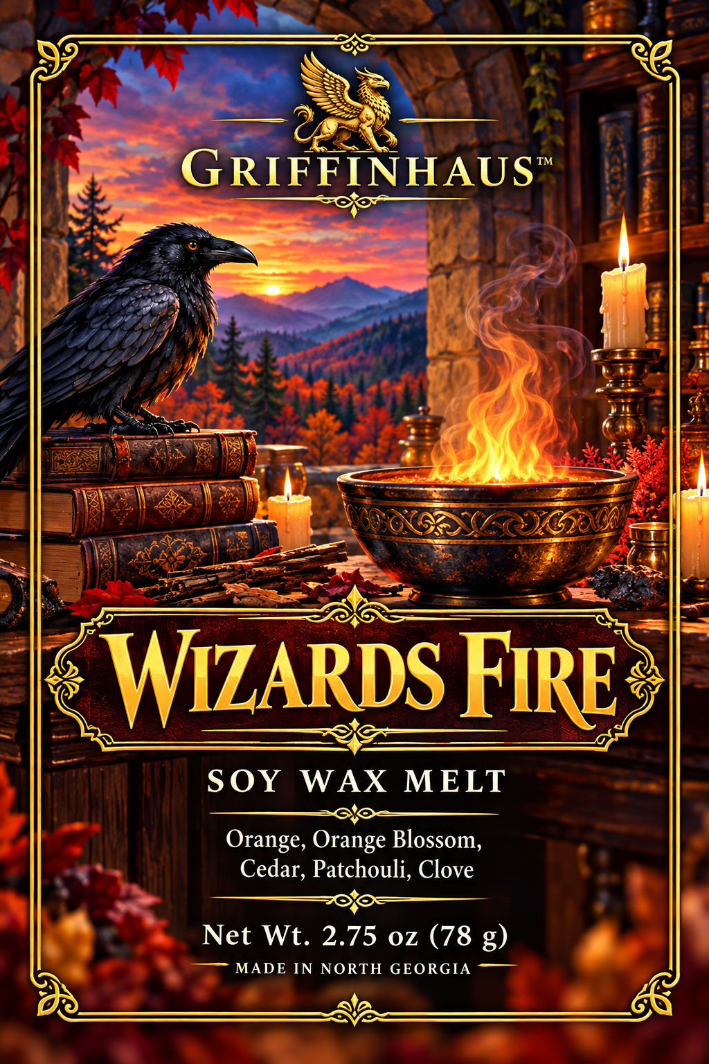 Front of a Griffinhaus 'Wizards Fire' soy wax melt package, featuring a fantasy illustration of a raven, burning brazier, candles, books, mountains, and autumn foliage. Text lists scent notes: Orange, Orange Blossom, Cedar, Patchouli, and Clove, with net weight 2.