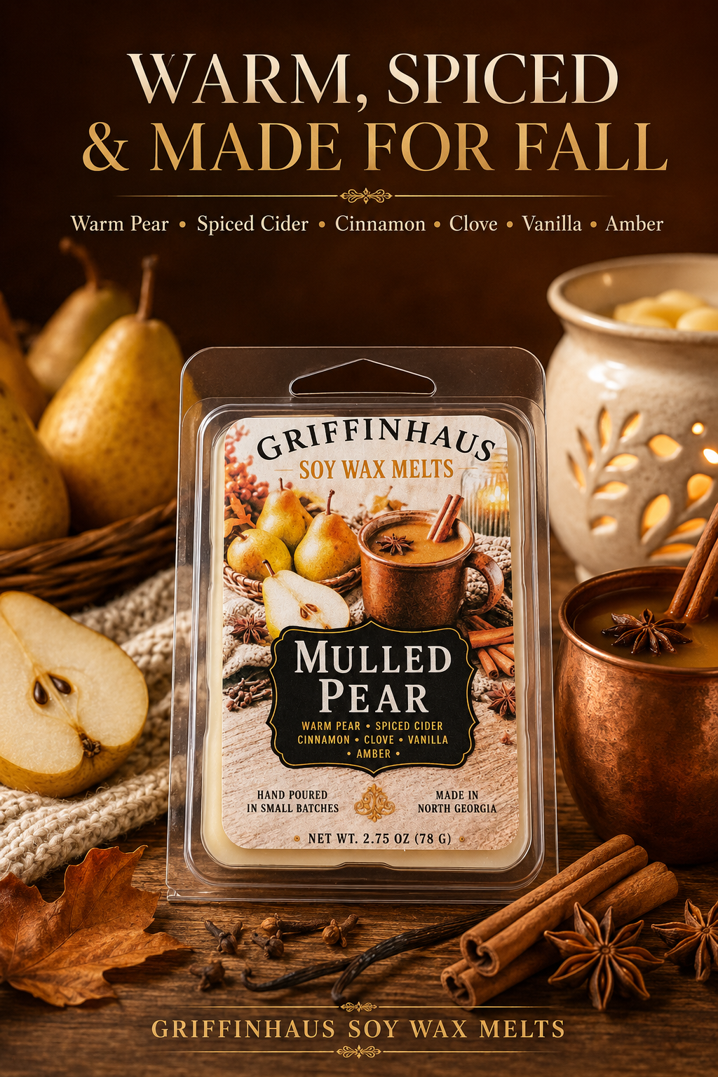 Mulled Pear Soy Wax Melt — Warm Spiced Fall Home Fragrance | Handmade in North Georgia