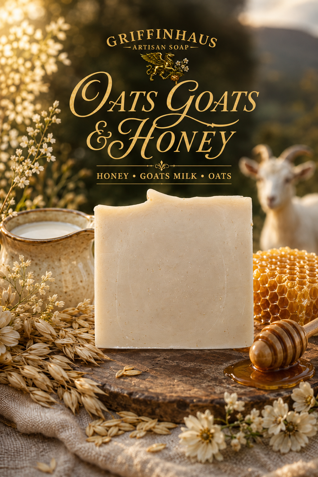 Goat milk honey and oatmeal handmade artisan soap bar with honeycomb, oat stalks, milk pitcher and goat in background — Griffinhaus Artisan Soap