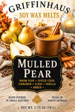 Soy wax melts packaging label for 'Mulledled Pear' by Griffin Haus, featuring a rustic autumnal design with pears, cinnamon sticks, a mug of mulled wine, and star anise on a wooden background.