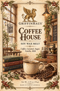 Front packaging artwork for GriffinHaus Coffee House Soy Wax Melt, featuring a vintage-style cafe scene with a steaming mug, coffee beans, books, a coffee grinder, and the GriffinHaus logo at the top.