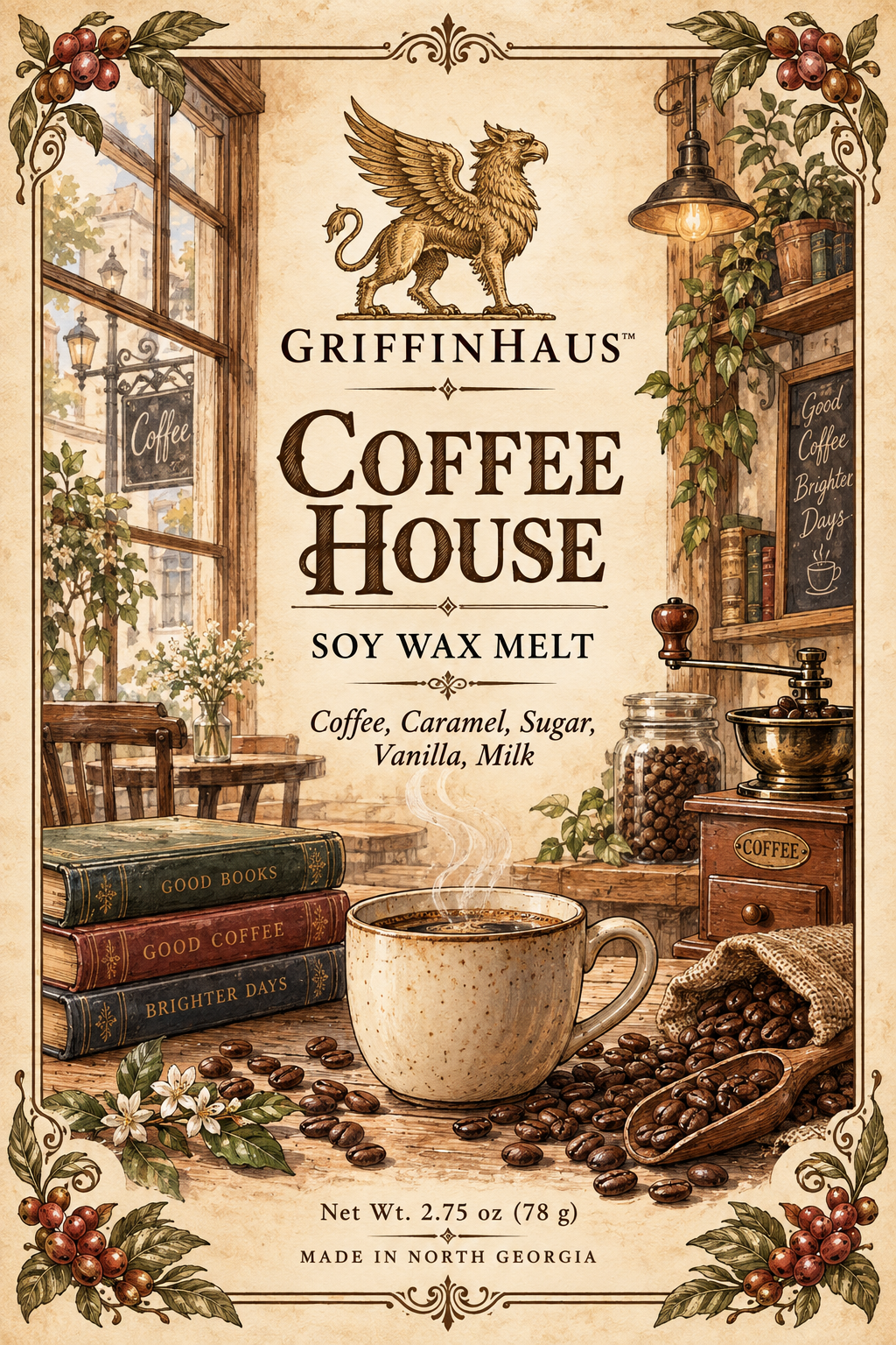 Front packaging artwork for GriffinHaus Coffee House Soy Wax Melt, featuring a vintage-style cafe scene with a steaming mug, coffee beans, books, a coffee grinder, and the GriffinHaus logo at the top.