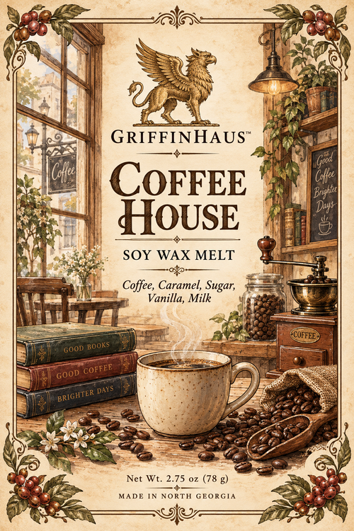 Front packaging artwork for GriffinHaus Coffee House Soy Wax Melt, featuring a vintage-style cafe scene with a steaming mug, coffee beans, books, a coffee grinder, and the GriffinHaus logo at the top.